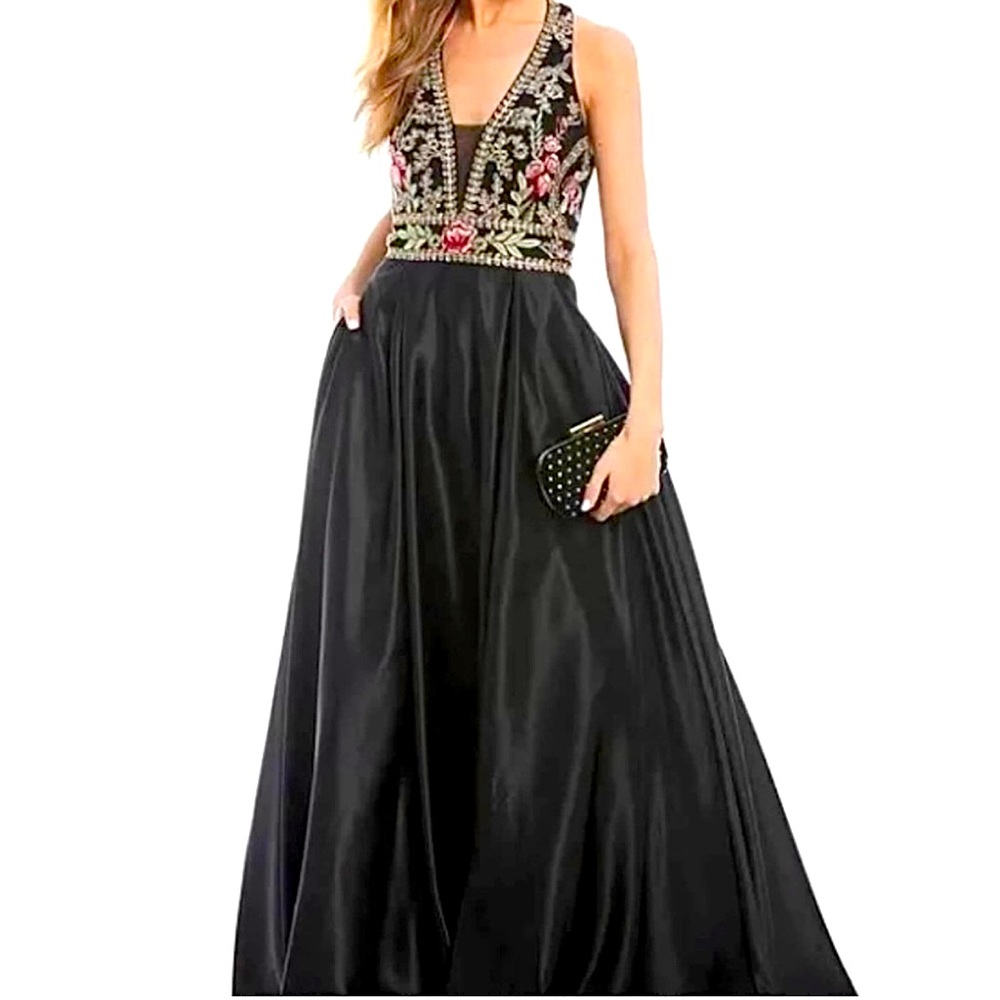 NWOT Blondie Nites Satin Halter Floral Prom Dress Formal Gown w/ pockets SIZE 3